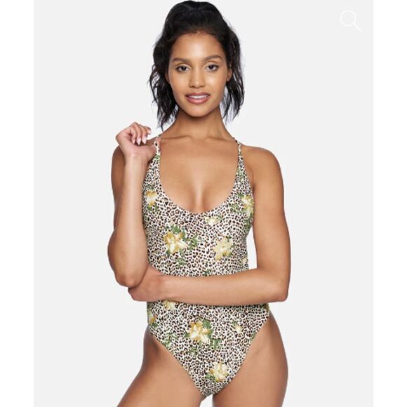 Hurley Black & Brown Leopard Print One-Piece Swimsuit Yellow Hibiscus Size XS - Picture 7 of 8